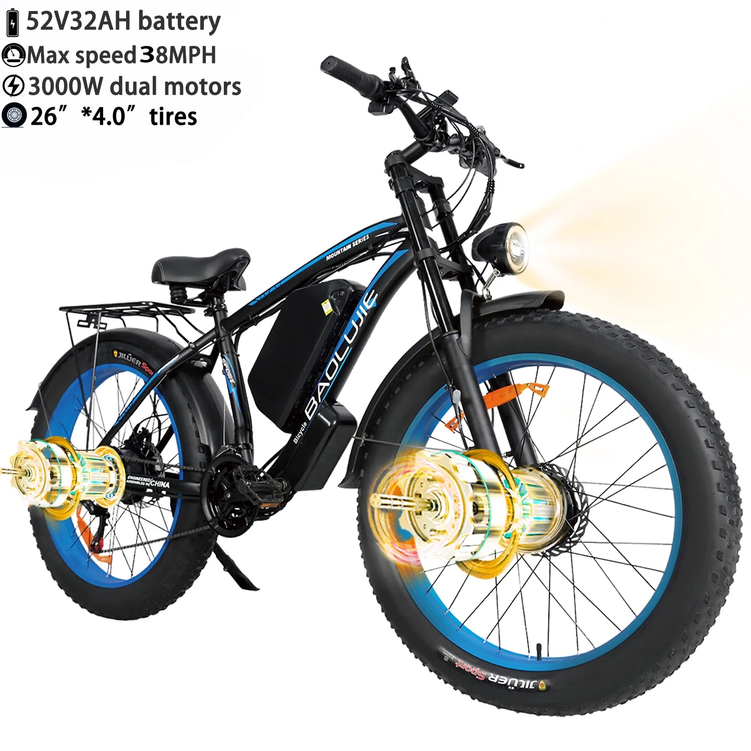 BAOLUJIE Adult Electric Bicycle Peak 1500W/5000W Motor 48V/52V/60V Battery Mountain Bike Electric Bike Fat Tire E bike off-road
